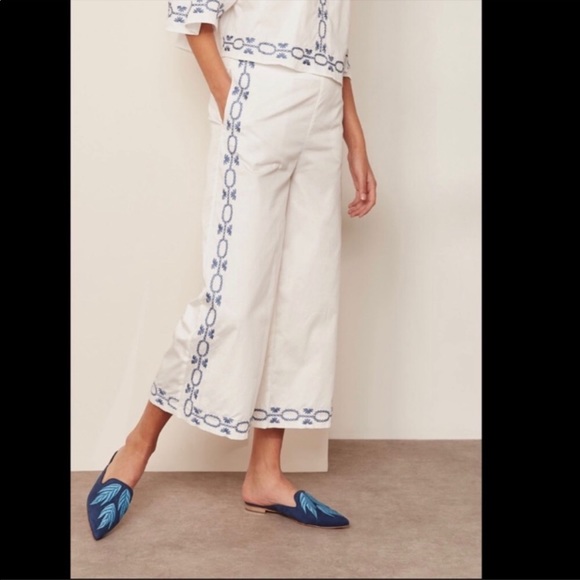 Anthropologie Foxiedox Spellgirl White & Blue Embroidered Culottes Cropped Pant - Picture 10 of 10